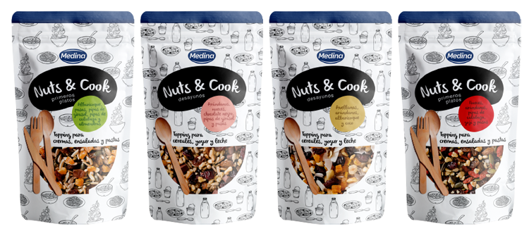 Nuts & Cook es una selección de toppings para incorporar productos saludables a las recetas del día a día, formada por frutos secos, frutas desecadas y chocolate negro.